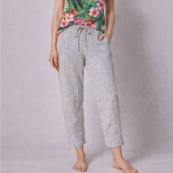 Novi Pants - Novi Linen Knubby Slim Pants M/L Cream Striped Drawstring Beach Resort Bali Boho